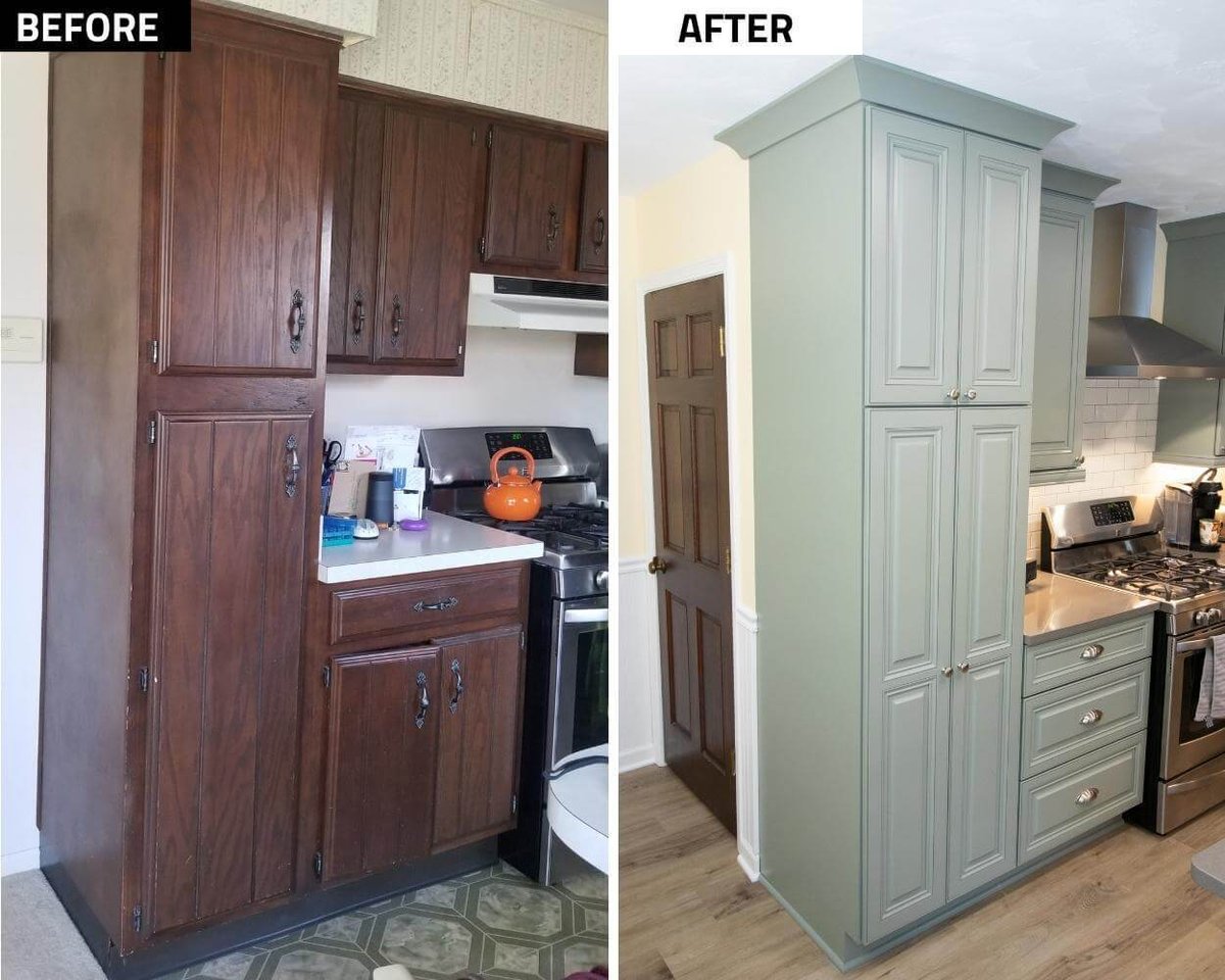 before and after kitchen remodel replacing dark wood cabinets with custom green cabinetry by Odd Fellows Contracting in Williamston, MI