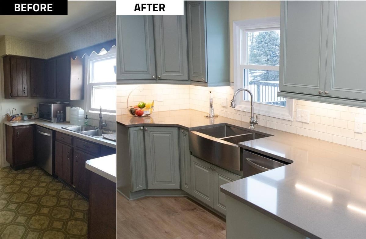before and after kitchen remodel replacing outdated sink area with farmhouse sink and quartz counters by Odd Fellows Contracting in Williamston, MI