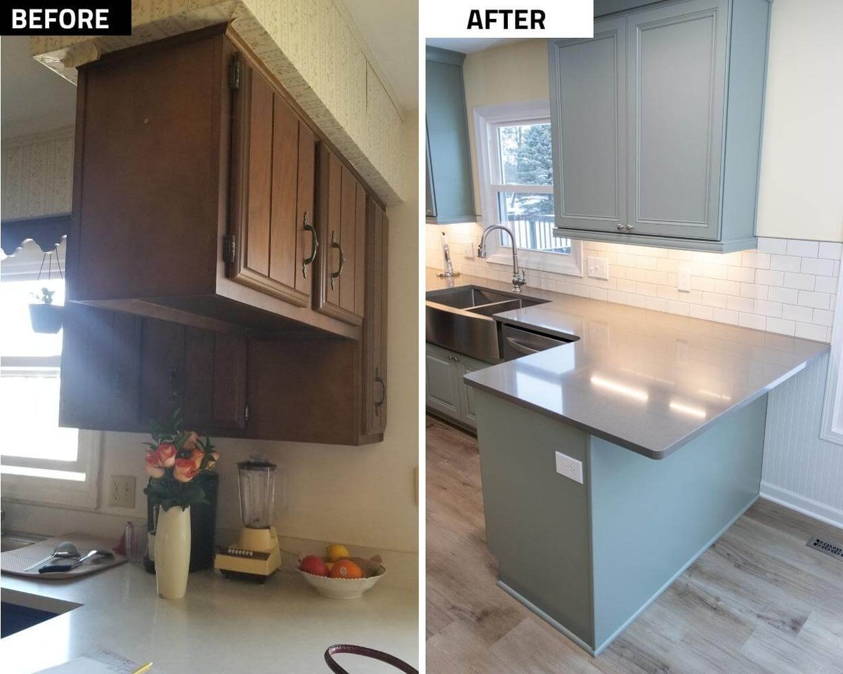 before and after kitchen remodel replacing upper cabinets with modern island and quartz countertops by Odd Fellows Contracting in Williamston, MI
