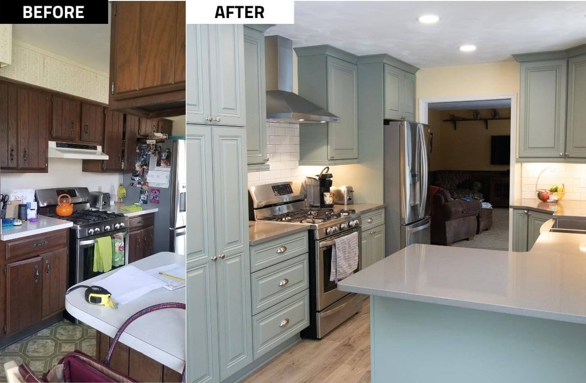 before and after kitchen remodel with upgraded cabinetry, stainless steel range, and modern vent hood by Odd Fellows Contracting in Williamston, MI