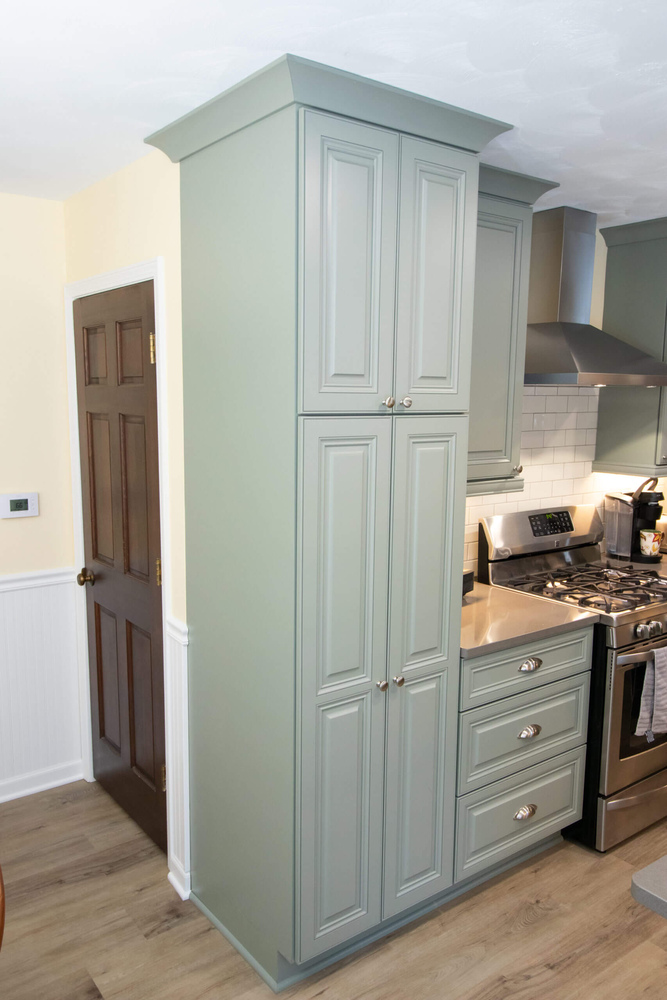 remodeled kitchen with green cabinets, stainless steel appliances, and quartz countertops by Odd Fellows Contracting in Williamston, MI