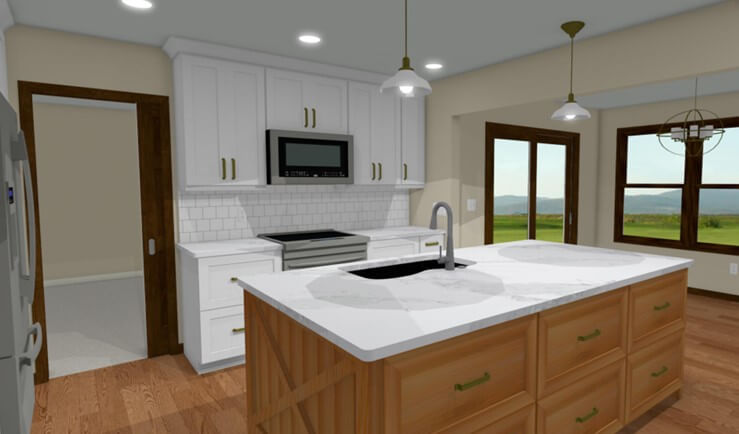 3D kitchen renovation rendering featuring quartz island and modern cabinet layout by Odd Fellows Contracting in Okemos, MI