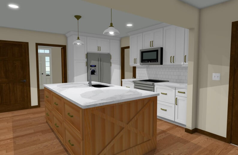 3D kitchen renovation rendering showing island sink and custom cabinet design by Odd Fellows Contracting in Okemos, MI