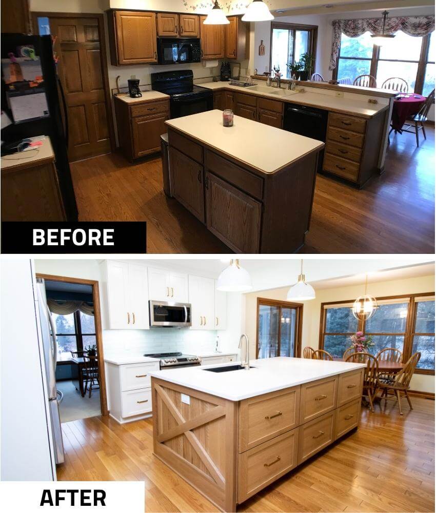 before and after kitchen remodel showing transformation to white cabinetry and large island by Odd Fellows Contracting in Okemos, MI