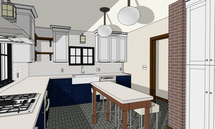 3D kitchen remodel design rendering with island and cabinetry by Odd Fellows Contracting in East Lansing MI