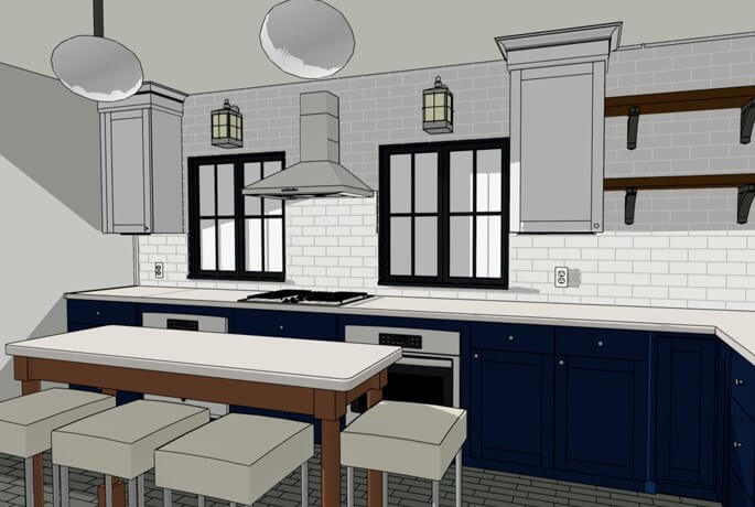 3D rendering of kitchen remodel with island seating and range hood by Odd Fellows Contracting in East Lansing MI
