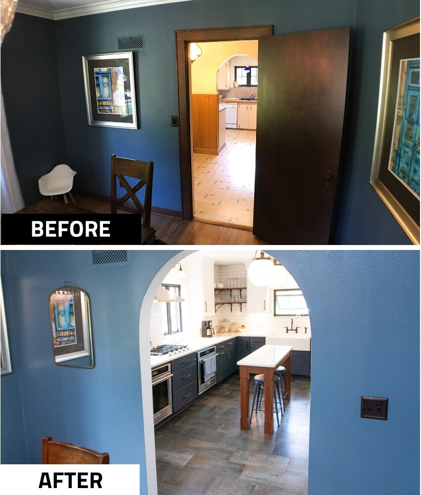before and after kitchen remodel opening arched entryway by Odd Fellows Contracting in East Lansing MI