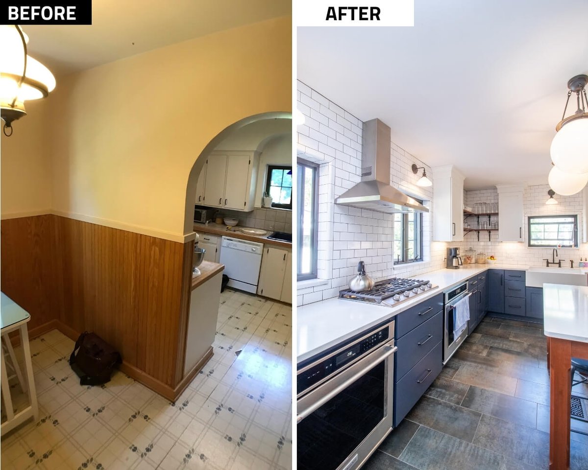 before and after kitchen remodel opening layout with new cabinetry by Odd Fellows Contracting in East Lansing MI