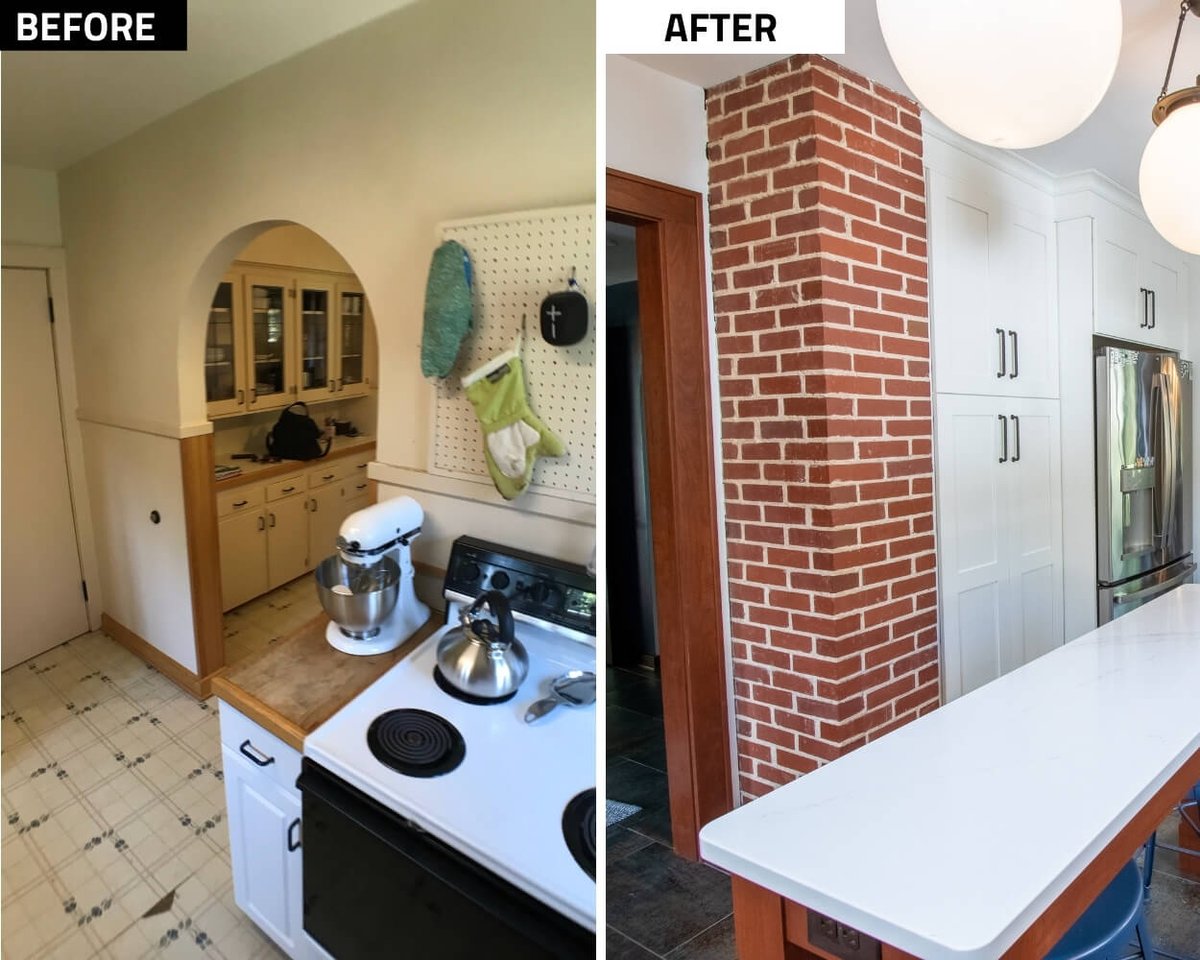 before and after kitchen remodel revealing brick column and new cabinetry by Odd Fellows Contracting in East Lansing MI