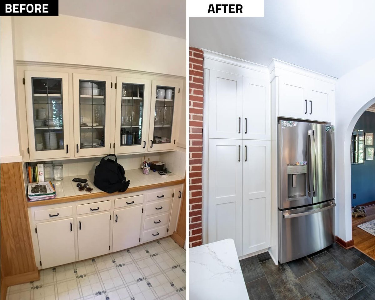 before and after kitchen remodel with custom cabinetry by Odd Fellows Contracting in East Lansing MI