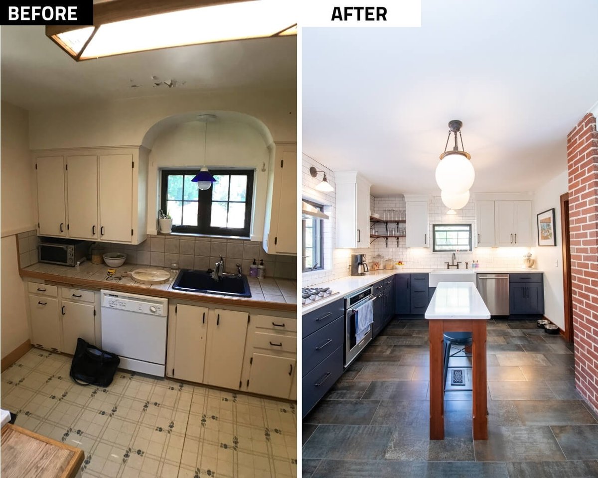 before and after kitchen remodel with island and updated cabinets by Odd Fellows Contracting in East Lansing MI