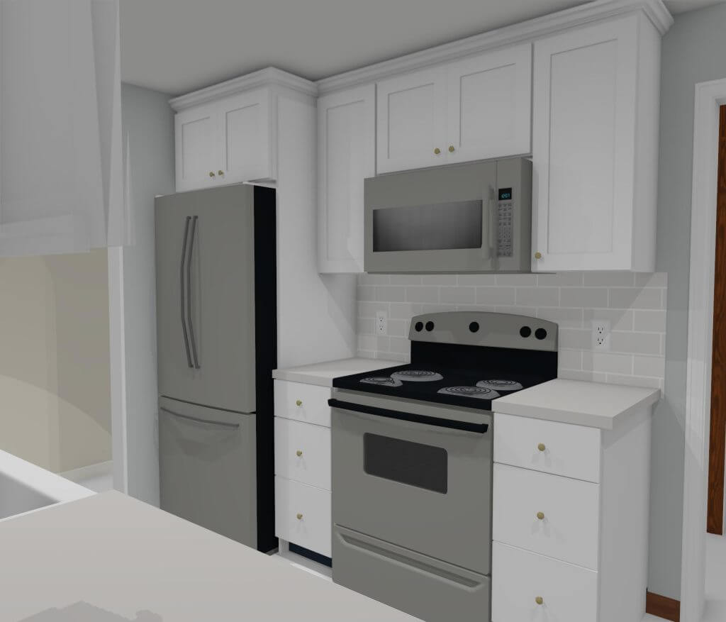 3D kitchen renovation design showing updated cabinetry, countertops, and appliance layout by Odd Fellows Contracting in Williamston, MI