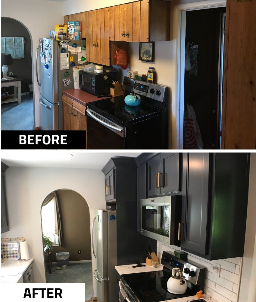 before and after kitchen remodel featuring new cabinetry, quartz countertops, and stainless steel appliances by Odd Fellows Contracting in Williamston, MI