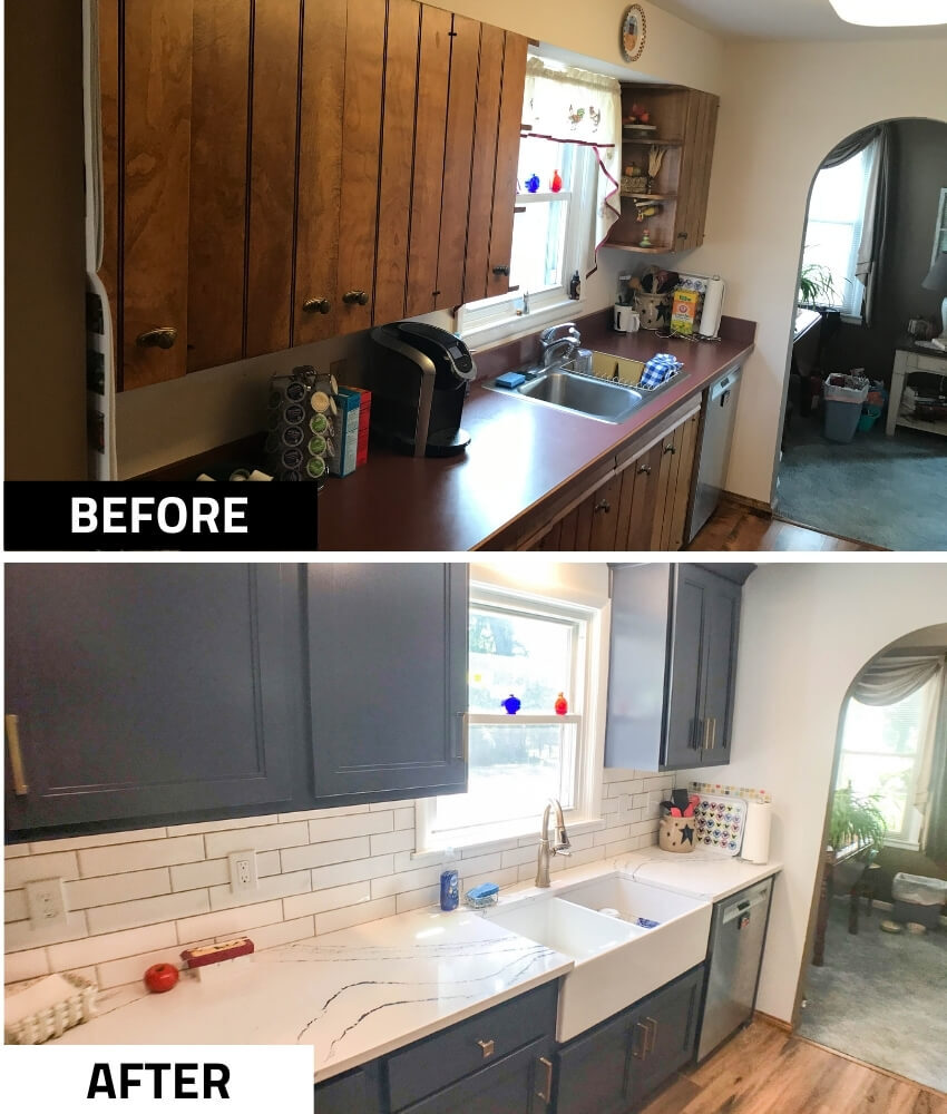 before and after kitchen remodel showing old laminate counters replaced with quartz countertops and navy cabinets by Odd Fellows Contracting in Williamston, MI