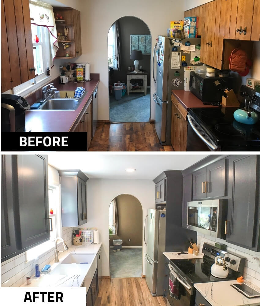 before and after kitchen remodel transformation showing outdated wood cabinets replaced with modern navy cabinetry by Odd Fellows Contracting in Williamston, MI