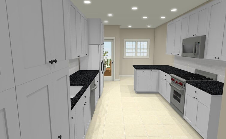 3D kitchen remodel design rendering by Odd Fellows Contracting in Mason MI with white cabinets and dark countertops