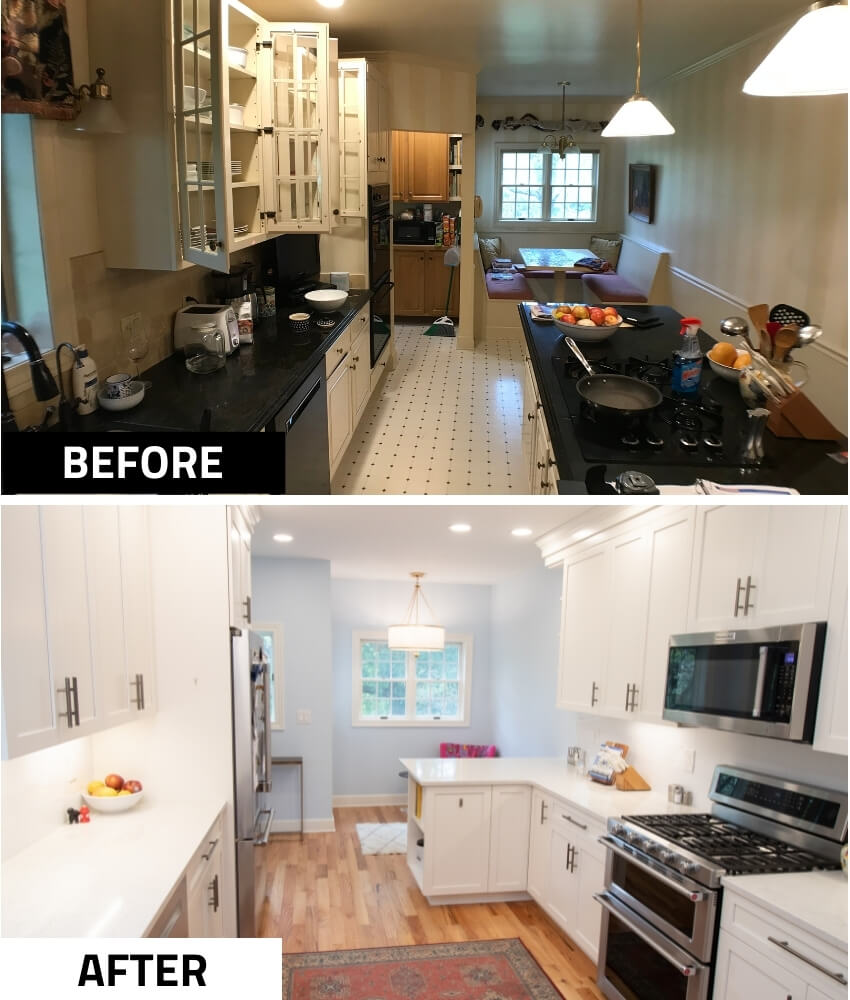 before and after kitchen remodel by Odd Fellows Contracting in Mason MI featuring modern cabinetry and improved lighting