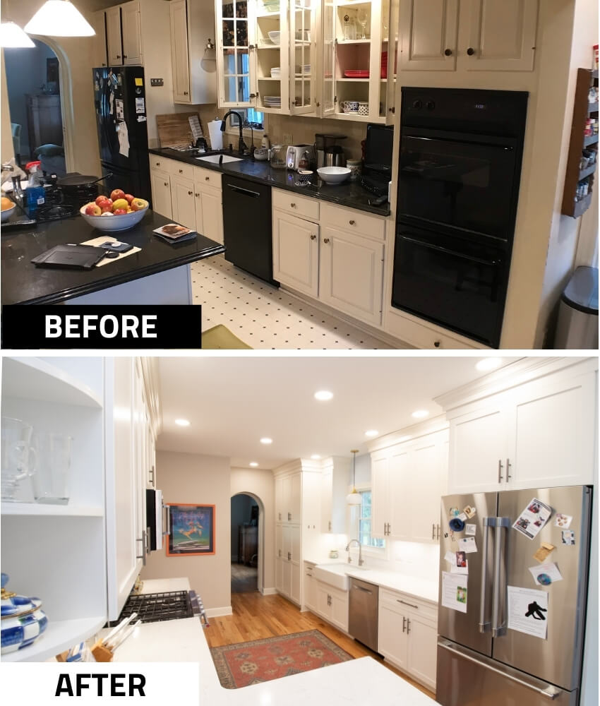 before and after kitchen renovation by Odd Fellows Contracting in Mason MI highlighting updated cabinets and layout