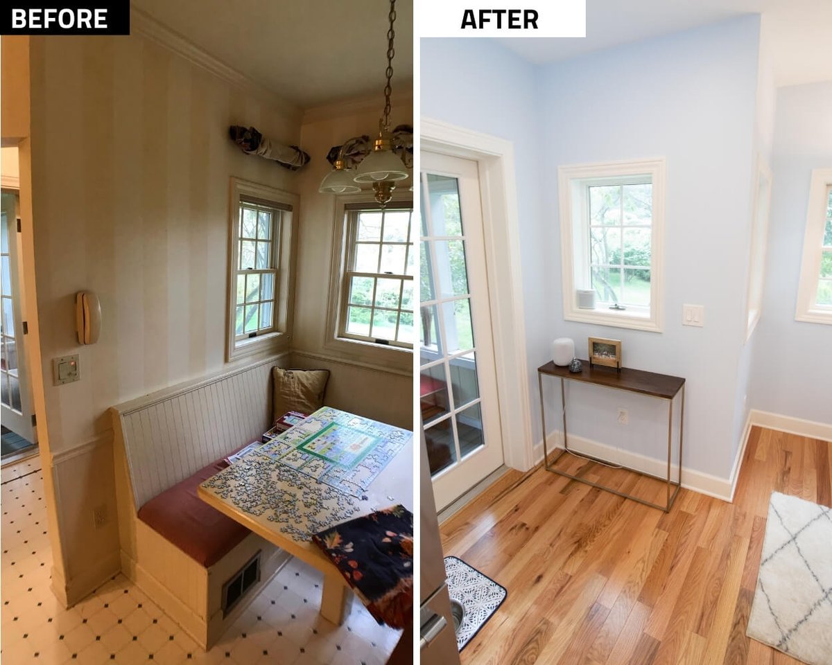before and after kitchen renovation by Odd Fellows Contracting in Mason MI with improved layout and finishes