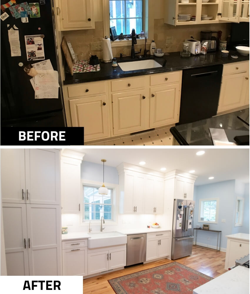 before and after kitchen renovation by Odd Fellows Contracting in Mason MI with new farmhouse sink and white cabinets