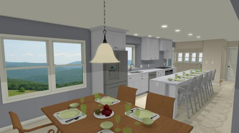 3D kitchen remodel plan by Odd Fellows Contracting in Haslett MI with open layout and seating