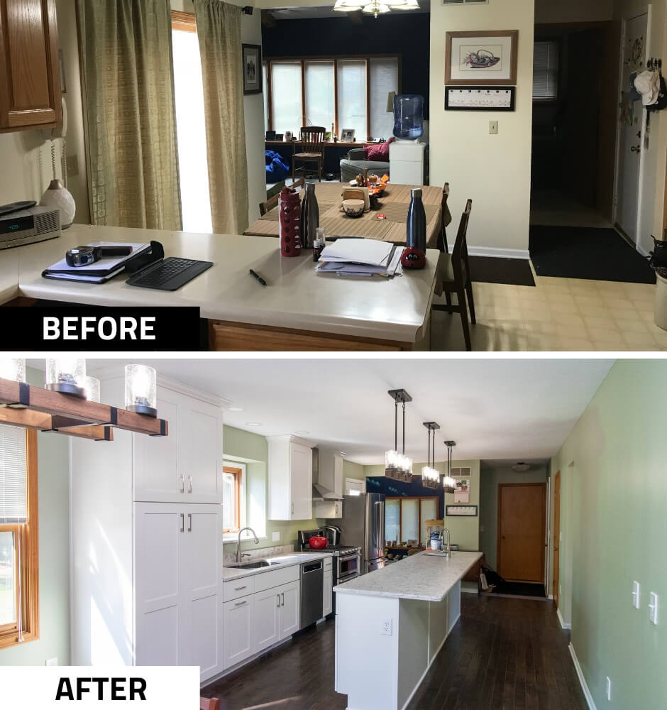 before and after kitchen remodel by Odd Fellows Contracting in Haslett MI showing expanded open layout and island