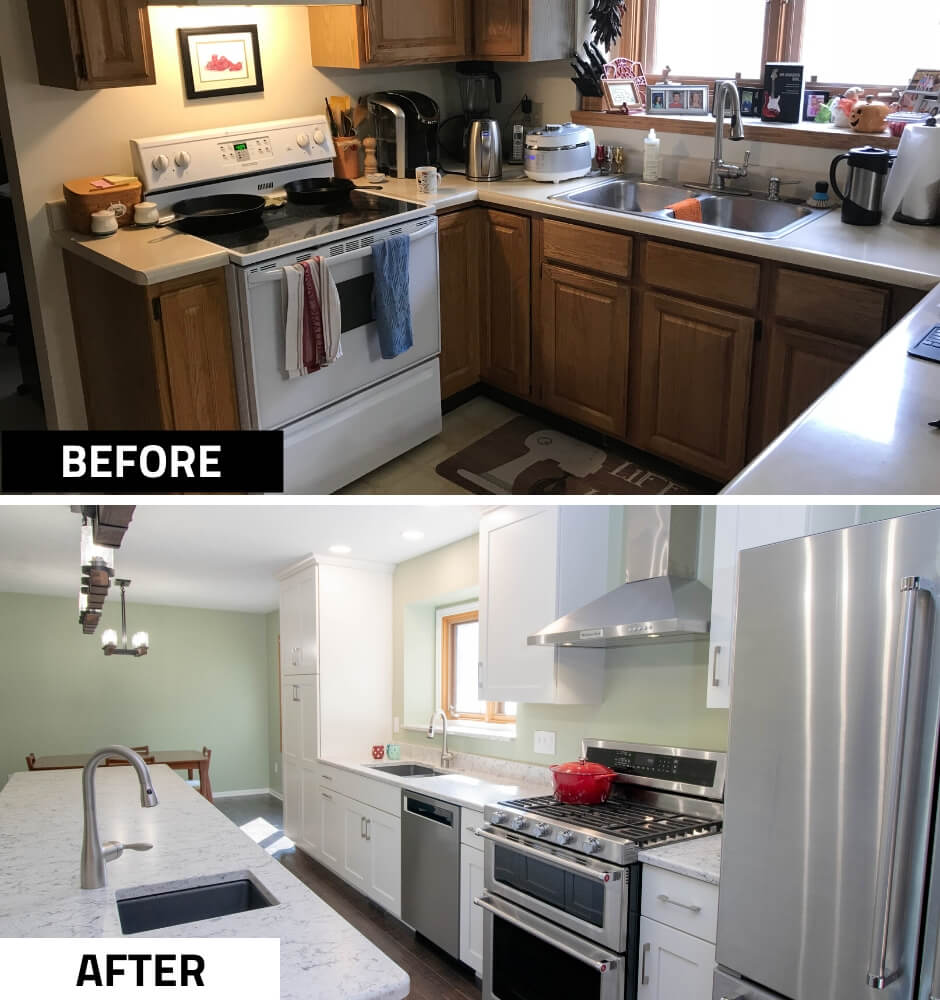 before and after kitchen remodel by Odd Fellows Contracting in Haslett MI with new cabinetry and stainless steel appliances