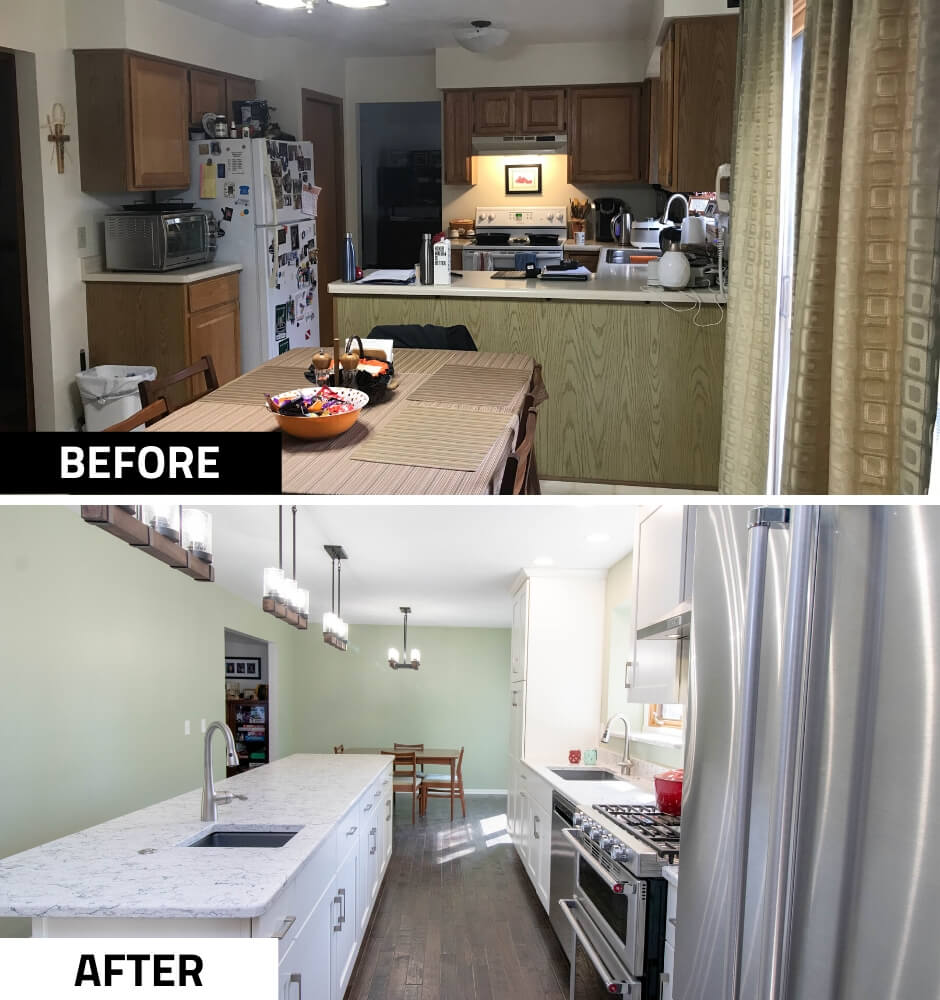 before and after kitchen renovation by Odd Fellows Contracting in Haslett MI with open concept and updated finishes