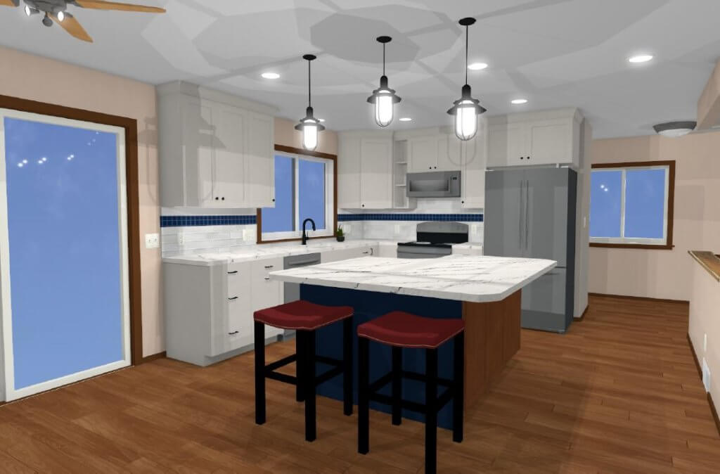 3D kitchen concept for a Williamston, MI renovation by Odd Fellows Contracting showing cabinet layout and finishes.