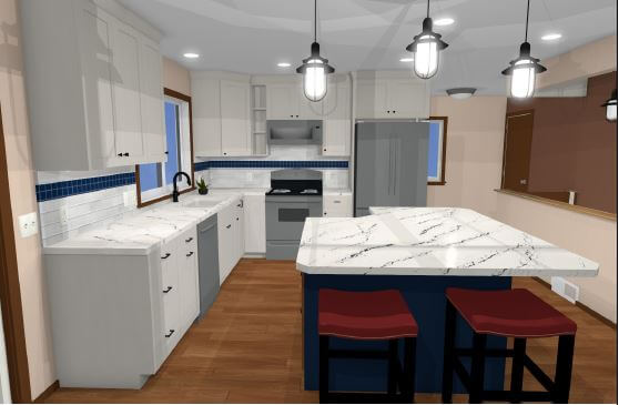 3D kitchen renovation design in Williamston, MI by Odd Fellows Contracting with quartz countertops and pendant lights.