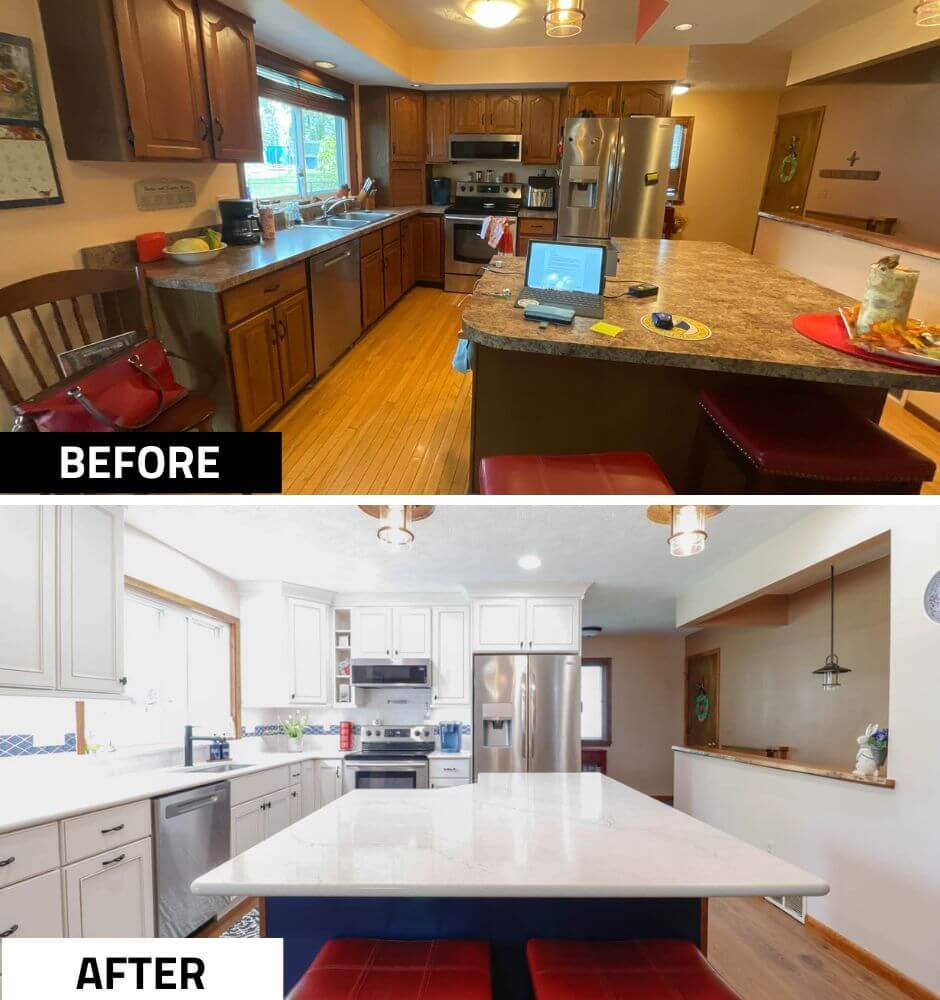 Before and after kitchen island remodel by Odd Fellows Contracting in Williamston, MI with expanded seating and quartz countertop.