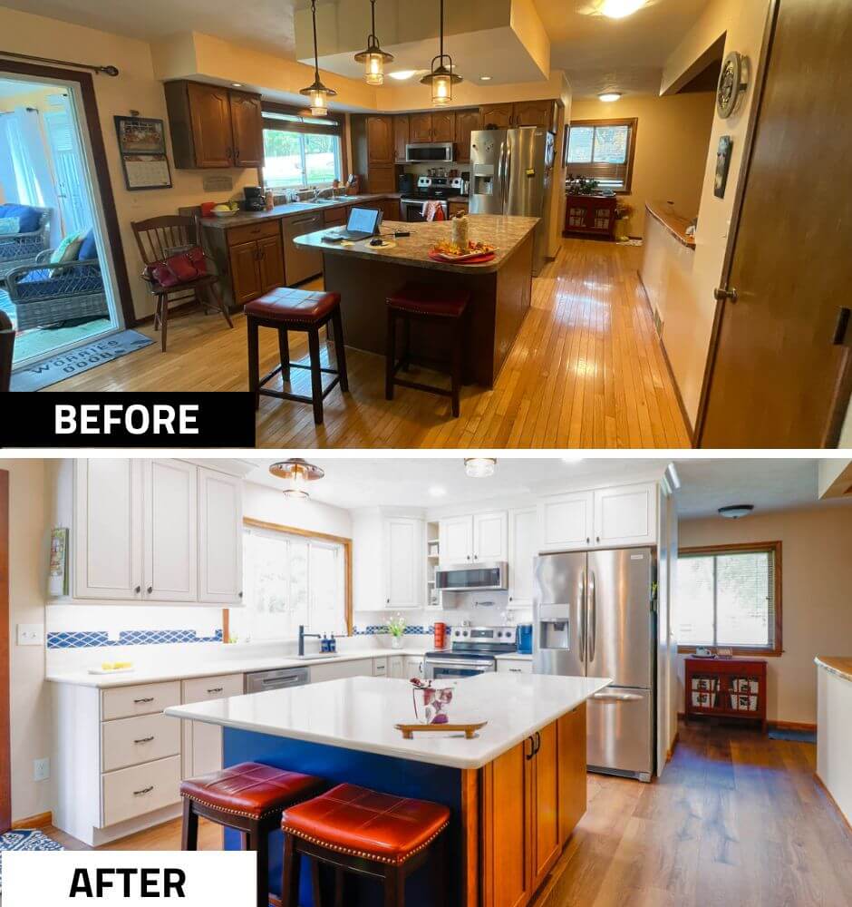 Before and after kitchen remodel by Odd Fellows Contracting in Williamston, MI featuring white cabinetry and a large quartz island.