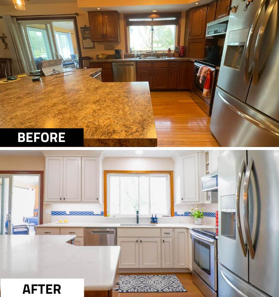 Before and after kitchen update by Odd Fellows Contracting in Williamston, MI with new countertops and white cabinets.