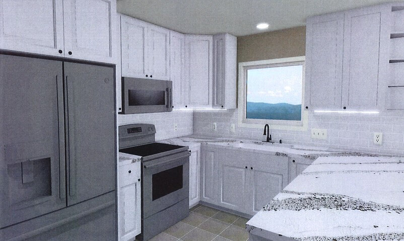 3D kitchen remodel design concept with island and white cabinetry by Odd Fellows Contracting in Haslett, MI