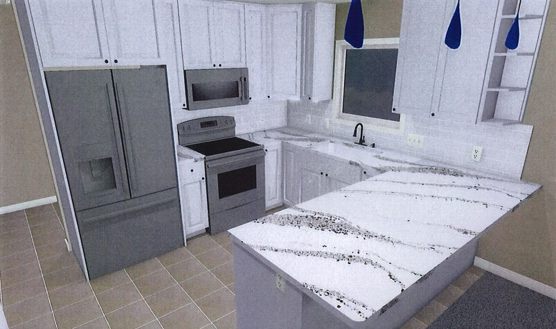 3D kitchen renovation design with quartz island and stainless appliances by Odd Fellows Contracting in Haslett, MI