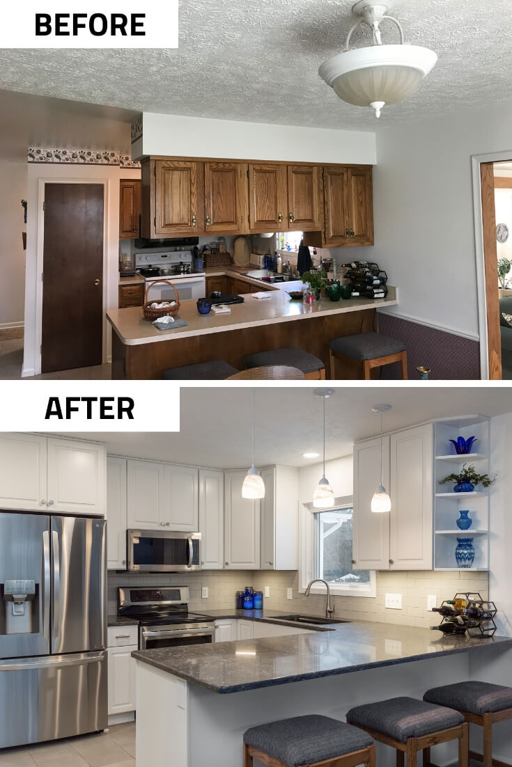 Before and after kitchen remodel by Odd Fellows Contracting showing updated white cabinets, island, and lighting in Haslett, MI