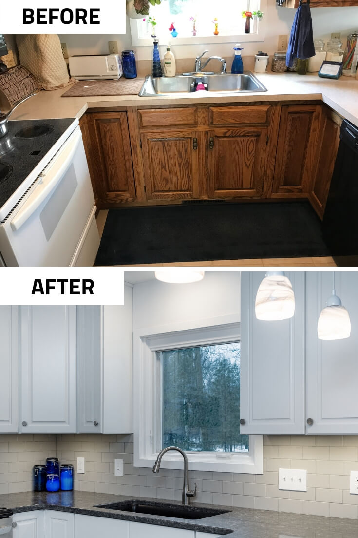 Before and after kitchen sink and cabinet remodel by Odd Fellows Contracting with updated backsplash in Haslett, MI