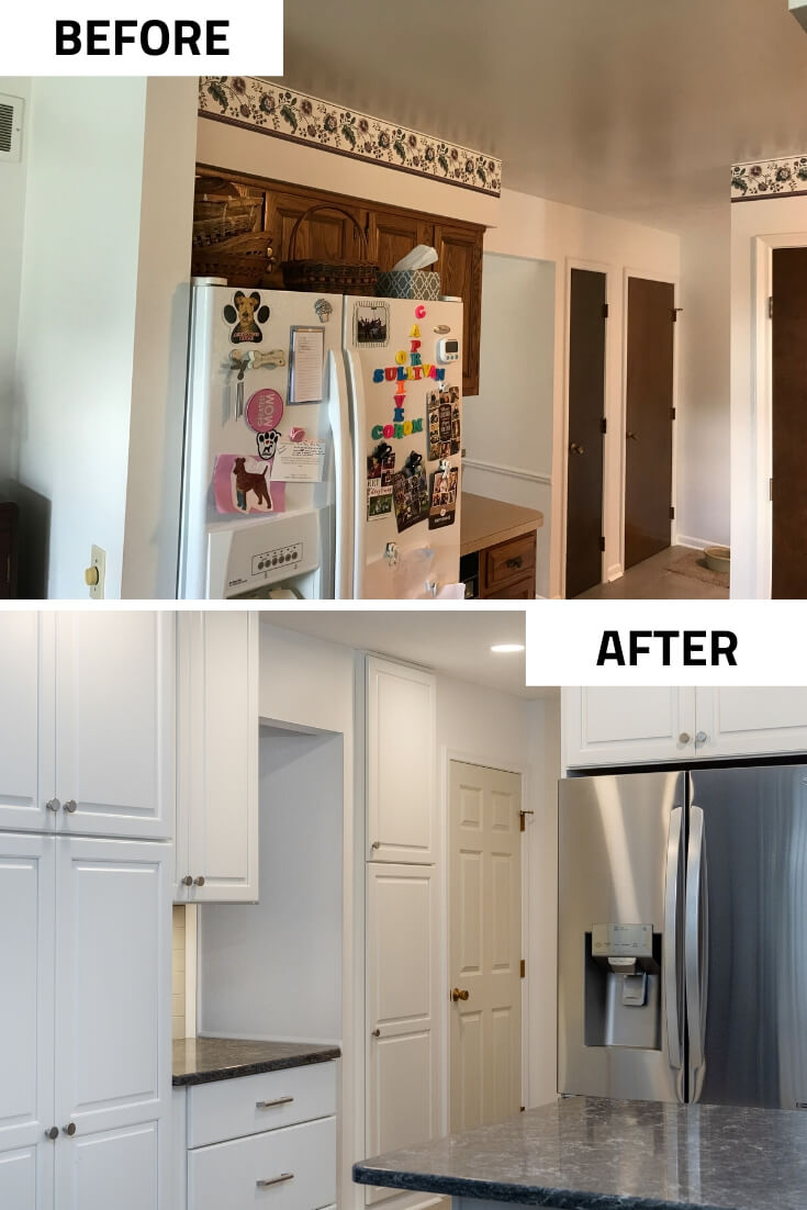 Before and after kitchen transformation by Odd Fellows Contracting with new cabinetry and stainless refrigerator in Haslett, MI
