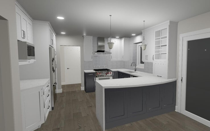 3D kitchen remodel concept with white cabinets and blue island base by Odd Fellows Contracting in Okemos, MI