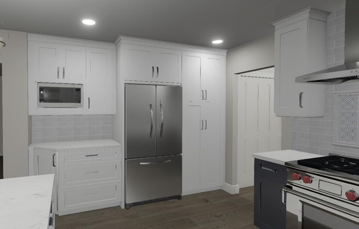 3D kitchen renovation design with appliance wall and white cabinetry by Odd Fellows Contracting in Okemos, MI