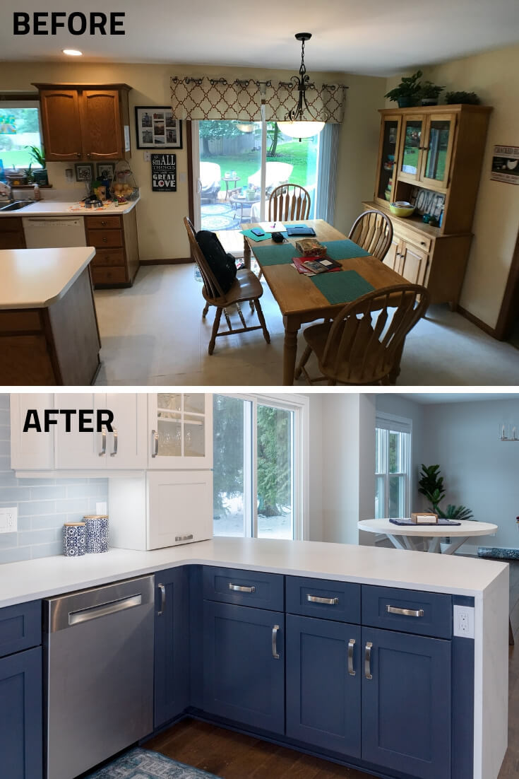 Before and after kitchen and dining remodel with updated cabinetry and countertop peninsula by Odd Fellows Contracting in Okemos, MI