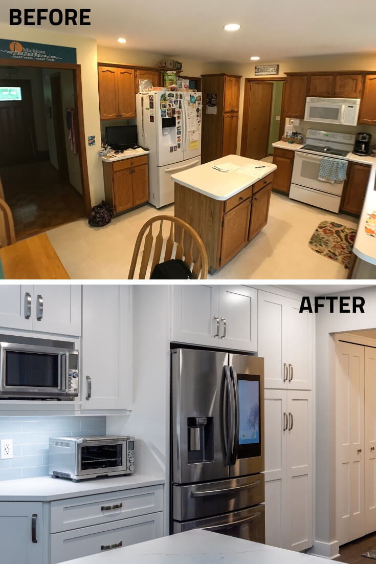 Before and after kitchen remodel featuring updated refrigerator wall and white cabinetry by Odd Fellows Contracting in Okemos, MI