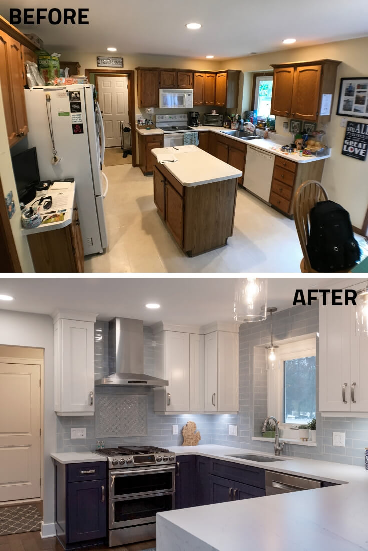 Before and after kitchen remodel highlighting upgraded cabinetry, range hood, and tile backsplash by Odd Fellows Contracting in Okemos, MI