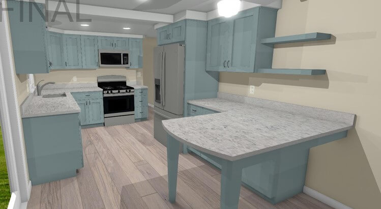 3D kitchen renovation rendering showing cabinet layout by Odd Fellows Contracting in Eaton Rapids, MI