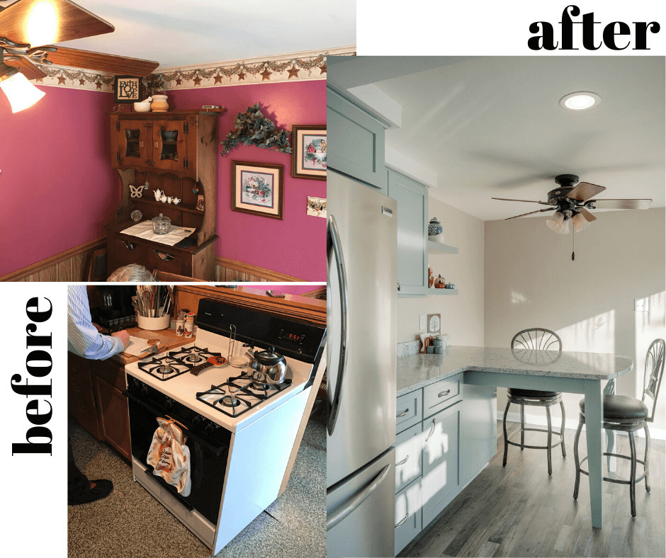 before and after kitchen remodel highlighting breakfast bar upgrade by Odd Fellows Contracting in Eaton Rapids, MI