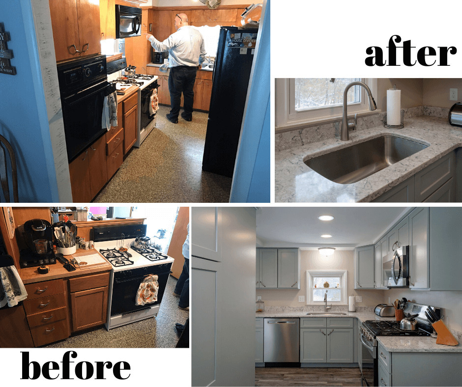 before and after kitchen remodel with updated sink and cabinetry by Odd Fellows Contracting in Eaton Rapids, MI