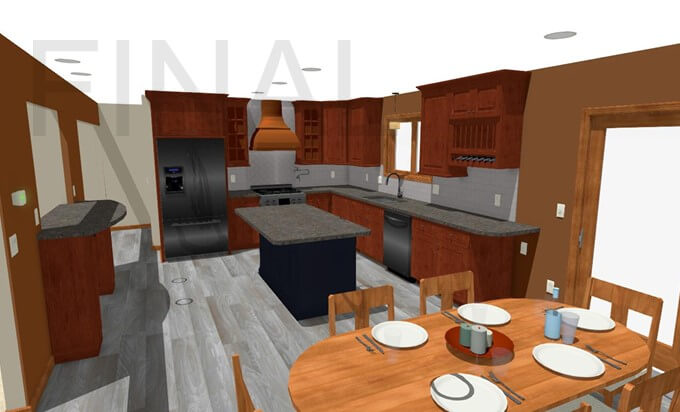 3D kitchen remodel rendering showing island and cabinetry layout by Odd Fellows Contracting in Grand Ledge, MI