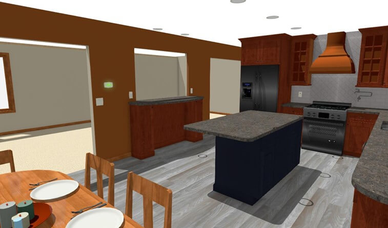 3D rendering of kitchen remodel layout with island by Odd Fellows Contracting in Grand Ledge, MI