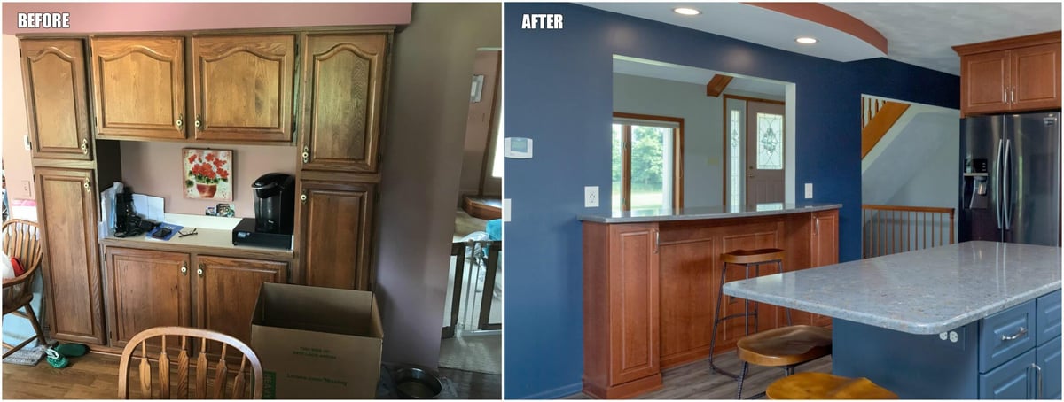 before and after kitchen remodel showing bar area transformation by Odd Fellows Contracting in Grand Ledge, MI