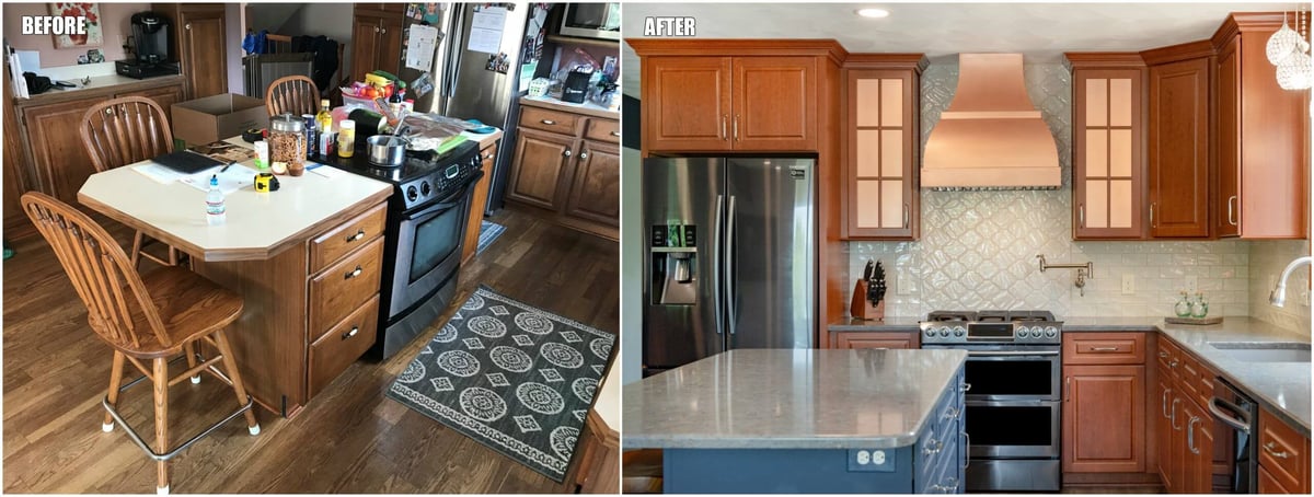 before and after kitchen remodel with new island and cabinetry by Odd Fellows Contracting in Grand Ledge, MI